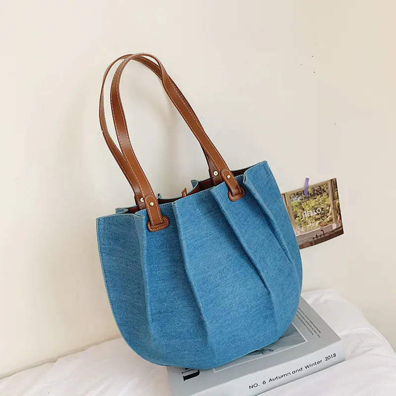 Fashion Canvas Denim Pleated Tote Shoulder Bag