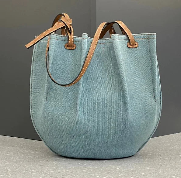 Fashion Canvas Denim Pleated Tote Shoulder Bag