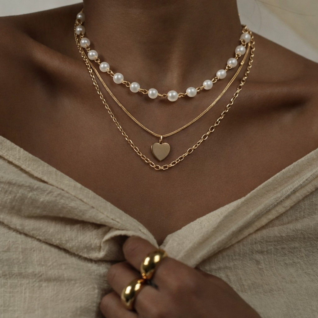 Golden Pearl Layered Necklace Set