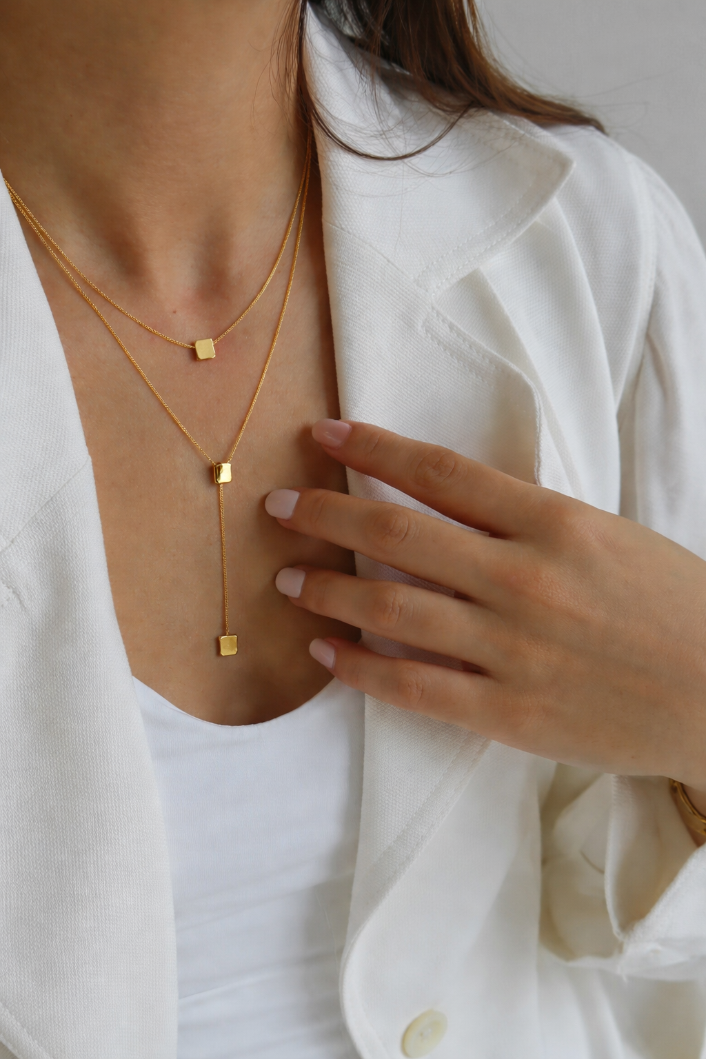 Gold Cube Lariat Layered Necklace